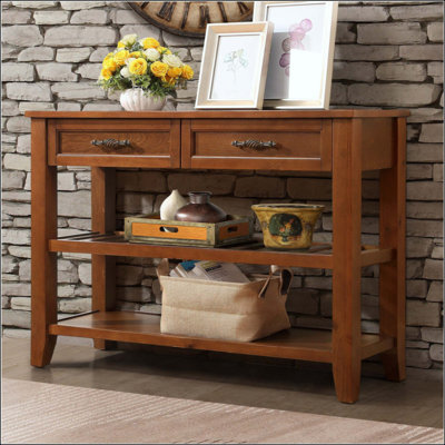 Table console Mid-Century avec 2 tiroirs de rangement et 2 tablettes ouvertes, buffet de 42 po en bois massif, table de vestibule multifonctionnelle pour le salon, la cuisine et la salle à manger