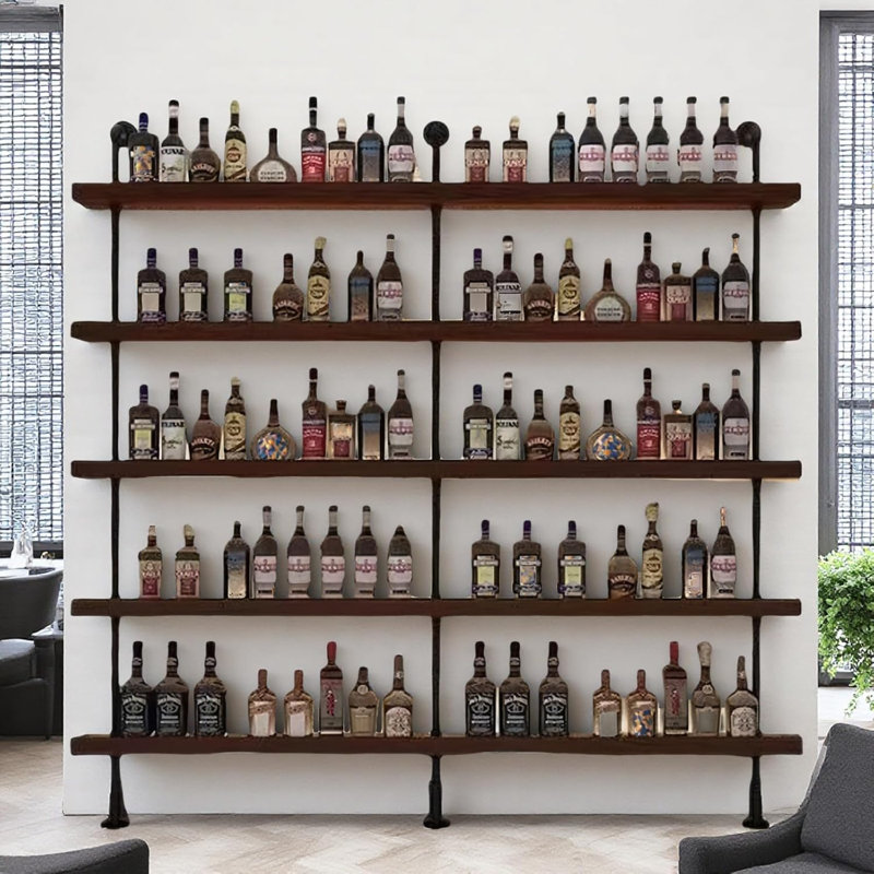 Support à vin mural industriel de 31 pouces, tablettes flottantes en métal rustique à 5 niveaux, tablettes de bar murales de grande capacité pour bouteilles d'alcool pour le bar et la salle à manger, noyer (sans lumières)