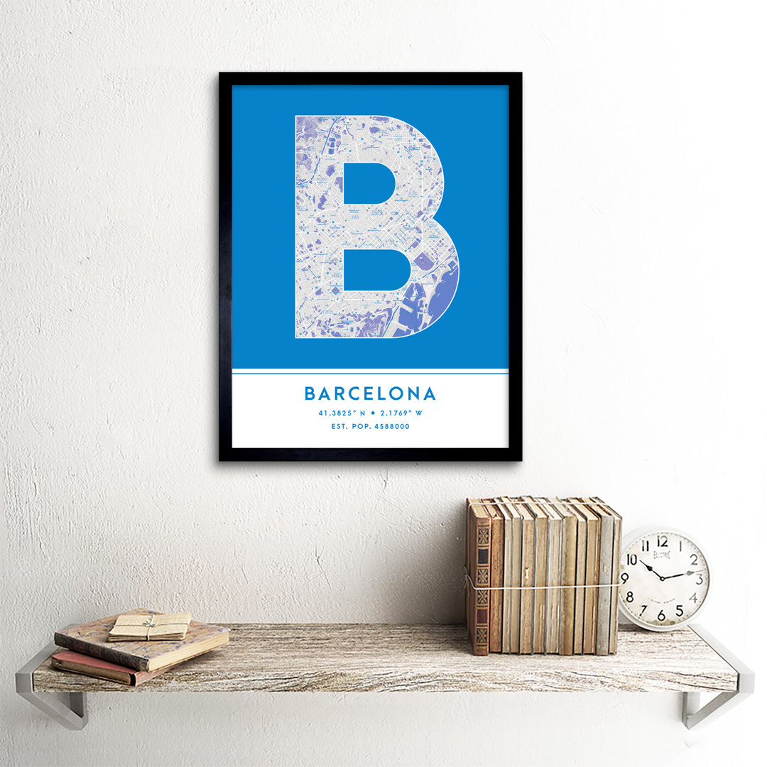 Barcelona City Map Barcelona Blue by Wee Blue Coo - Single Picture Frame Typography