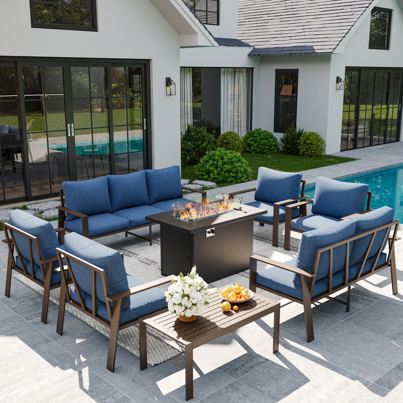 9 Person Sofa Seating Group With Coffee Table, Navy, Yes