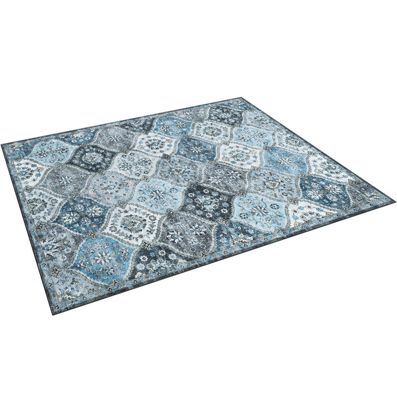 Washable Rug Vintage Distressed Rugs Non-Slip Stain Resistant Area Rug Floor Cover for Bedroom Living Room, Blue