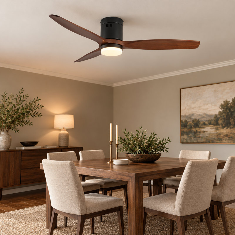 Ventilateur de plafond de 52 pouces avec lumière, 3 pales en bois de noyer foncé, télécommande, moteur à courant continu réversible à 6 vitesses pour chambre à coucher, salle à manger et salon.