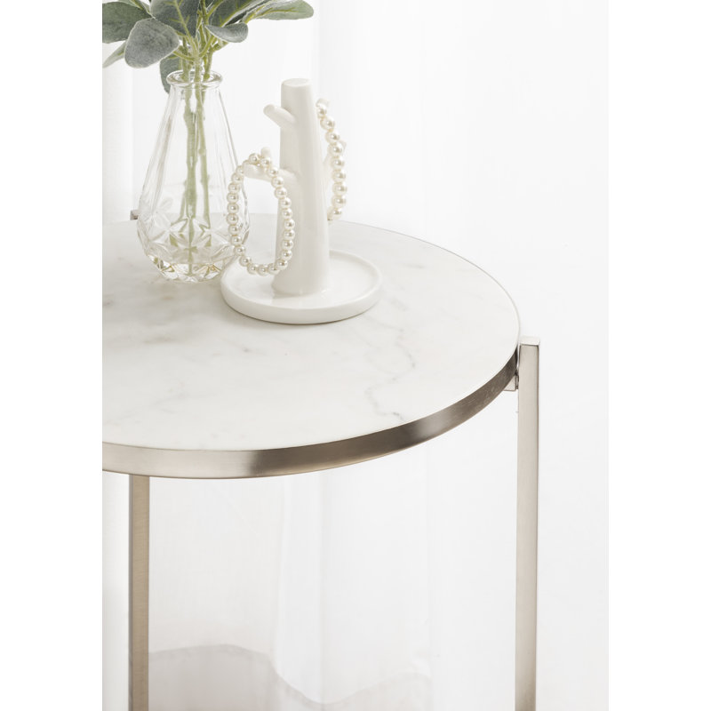 Silver Round Marble and Metal Side Table