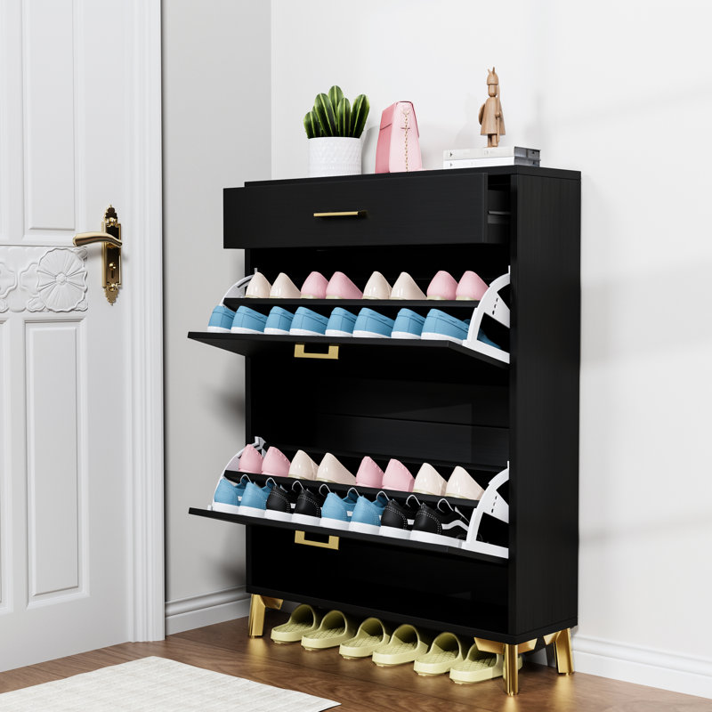 Étagère à chaussures noire avec 2 tiroirs rabattables, Doré, Noir