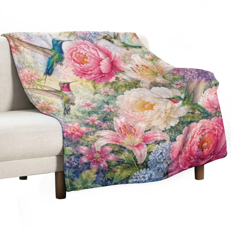 Jeté en flanelle de luxe avec colibris, fleurs, pivoines et lys, 60 x 80 po