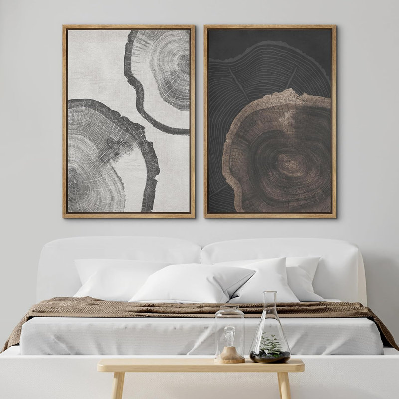 «Tree Ring», souche de bois gris, œuvre d'art neutre, photos de cabane de ferme rustique, ensemble de 2 impressions sur toile encadrées, 16 x 24 x 2, 24 x 36 x 2