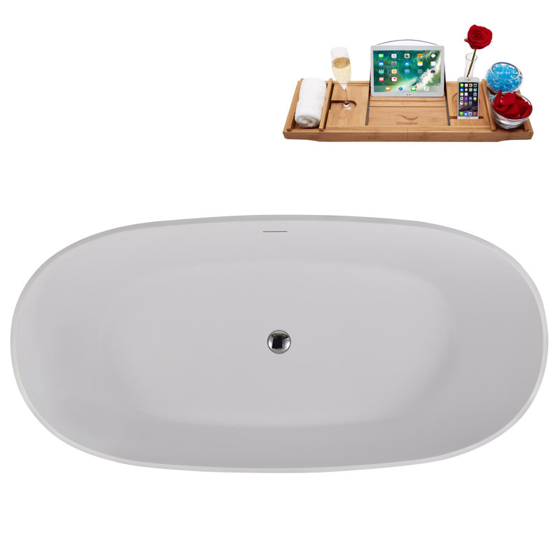 67" Matte White Stone Resin Freestanding Soaking Tub with Chrome Drain