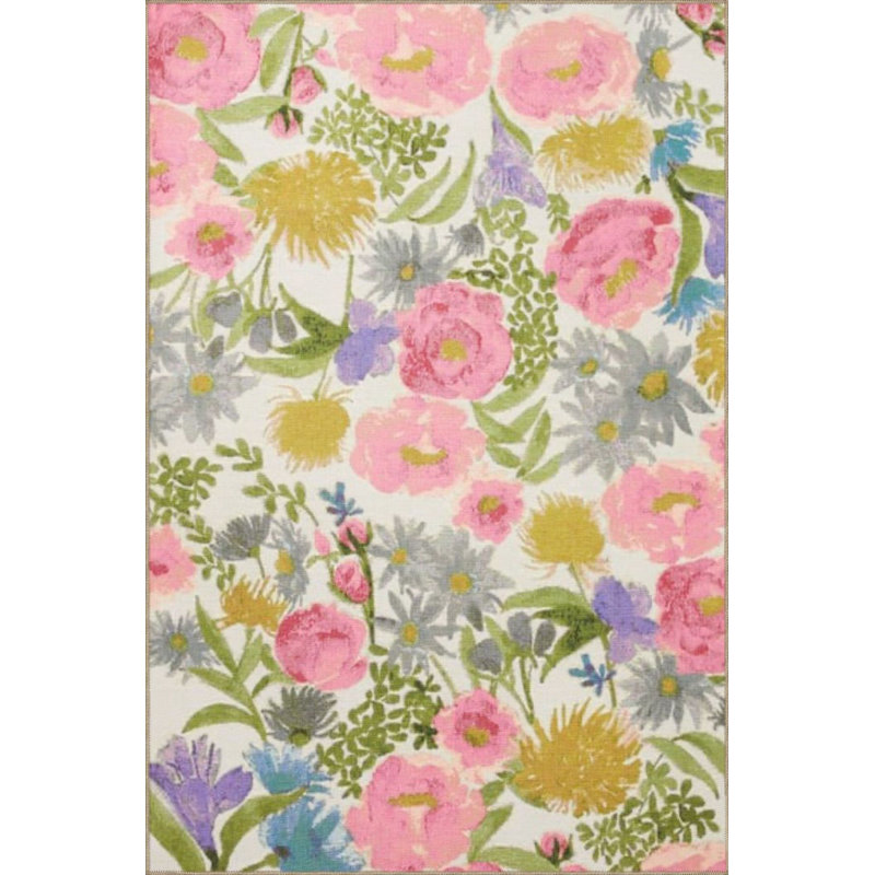 Tapis rose tissé à la machine lavable à la machine, Sous-tapis rectangulaire 4 pi 7 po x 6 pi 7 po inc