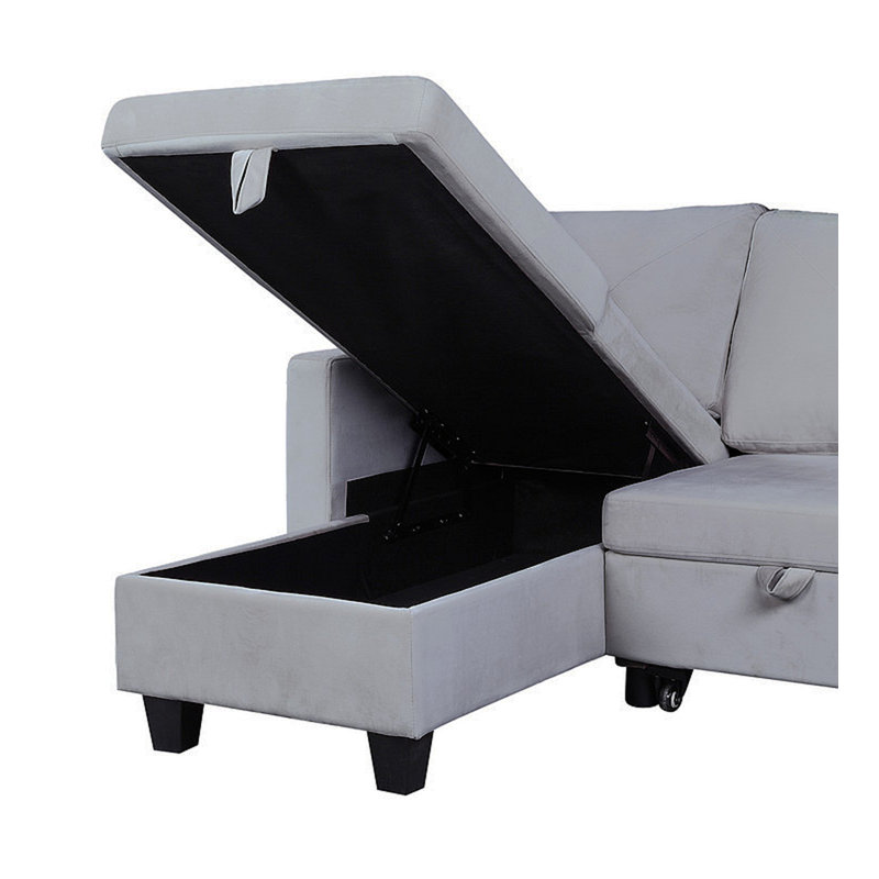 Canapé-lit modulaire réversible en velours gris clair de 82,5 po avec méridienne Nova, Velours gris clair