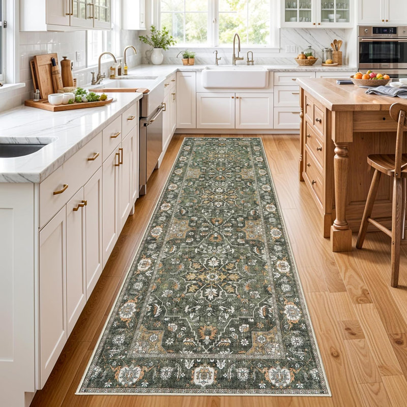 Washable Hallway Runner Rug - Kitchen Rugs Ultra Soft Entryway Rug Runner Vintage Floral Floor Mat Non-Slip Low Pile Indoor Farmhouse Carpet for Bathroom Living Room Bedroom (Green)
