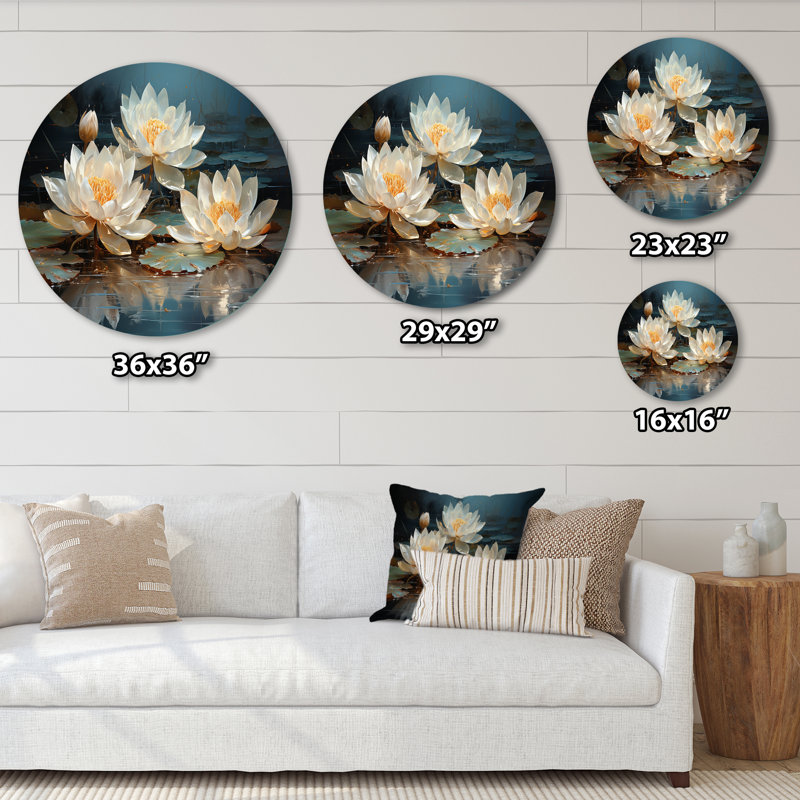 Fleurs de lotus baignées au clair de lune - Art mural rond floral en métal, H 23 po x l 23 po