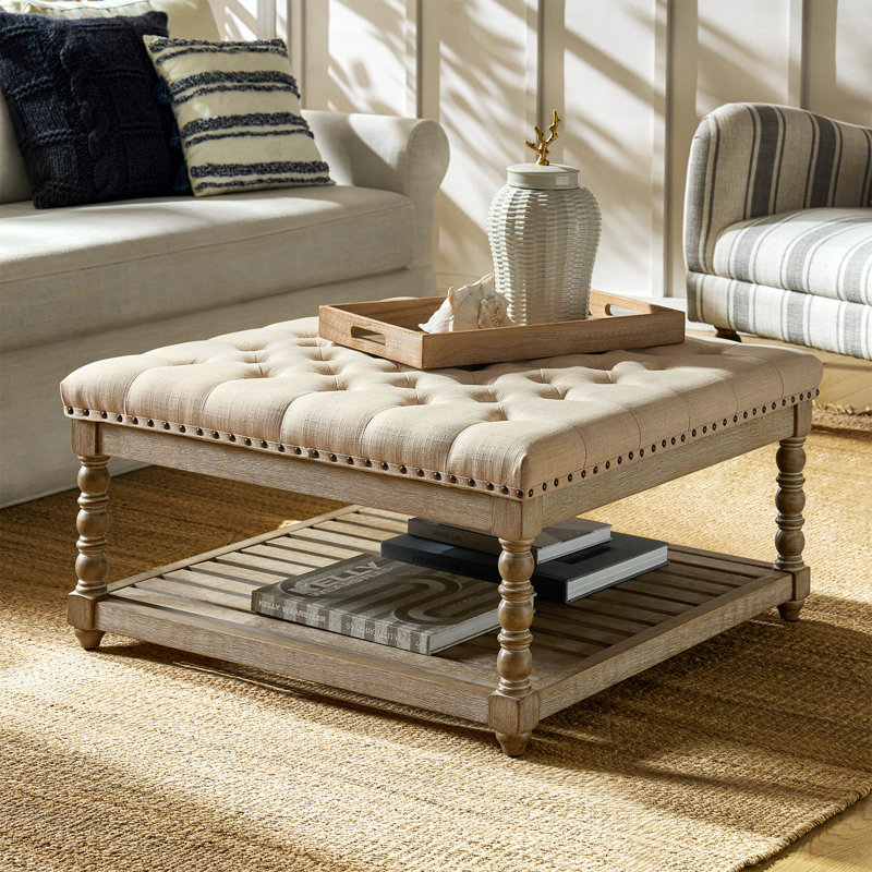 Terren 33.25"W Tufted Square Cocktail Ottoman with Storage Shelf, Linen