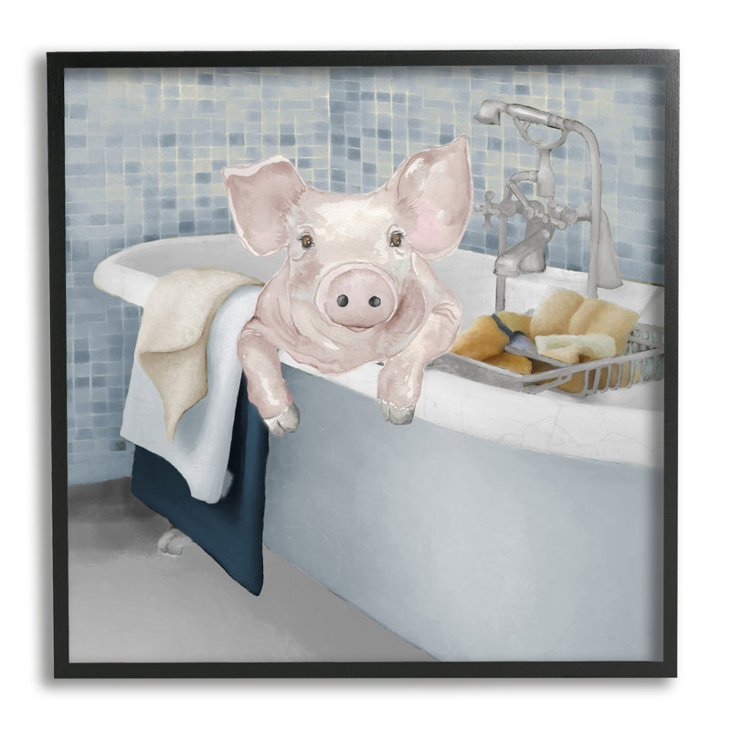 " Pig Bathing Bathroom Tub Animal " by Elizabeth Medley, Midnight Black Framed Giclee, 12" H x 12" W x 1.5" D