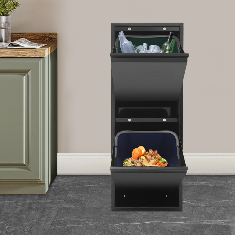 Poubelle basculante, armoire à déchets et recyclage avec 2 seaux, Noir