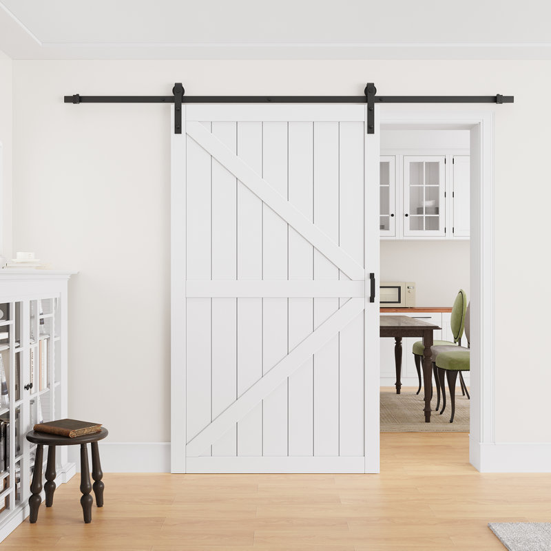 Porte de grange coulissante moderne de 84 po de hauteur | Peut être peinte en surface apprêtée | Porte de garde-robe avec trousse d'installation et quincaillerie à fermeture en douceur