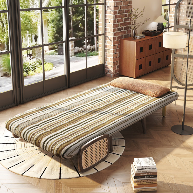 Fauteuil-lit convertible 3 en 1, fauteuil d'appoint rayé jaune moutarde avec panneaux latéraux en résine tressée en PE