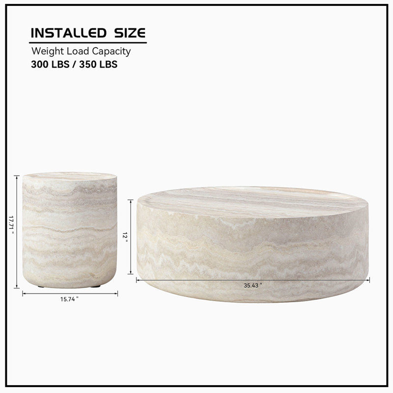 Set Of 2 Faux MARS Pattern Coffee Tables Side Table Round Tea Faux Travertine Textured  Table For Living Room, No Need Assembly.