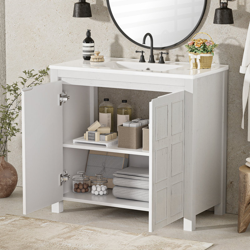 Bathroom Vanity with Sink, double Doors and adjustable shelf, White