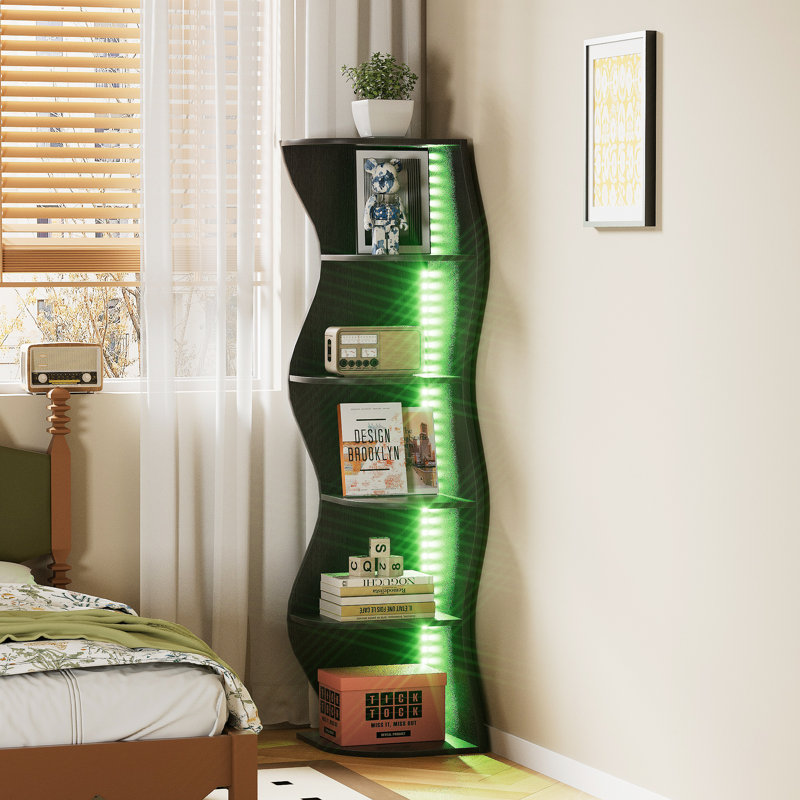 Bibliothèque de coin moderne à DEL avec télécommande, étagère lumineuse à 5 niveaux, support de bibliothèque sur pied RVB 7 couleurs