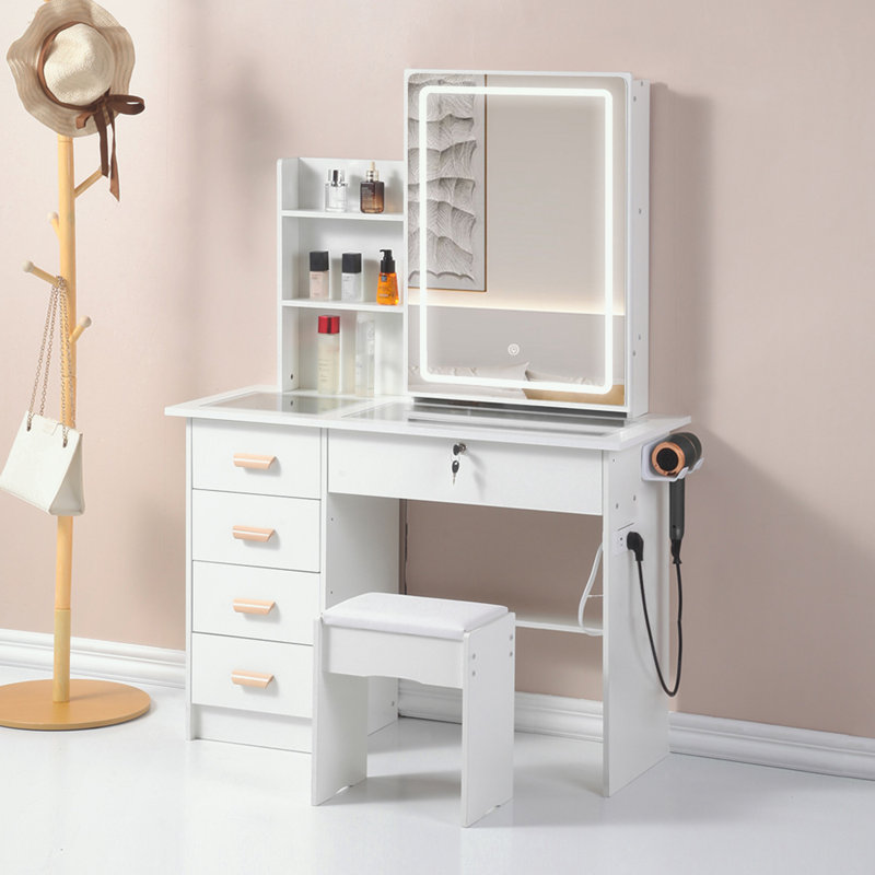 Bureau de maquillage avec miroir lumineux, 5 tiroirs et tablettes ouvertes