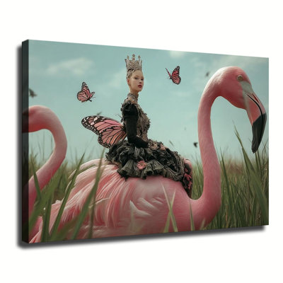 Fée reine assise sur un flamant géant avec des papillons, grande impression sur toile tendue avec châssis pour salon, chambre à coucher
