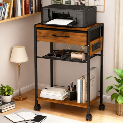 Support pour imprimante à 3 niveaux avec station de charge, tiroir de rangement et tapis antidérapant, chariot d'imprimante mobile avec prise de courant, port USB et port de type C pour le bureau à domicile