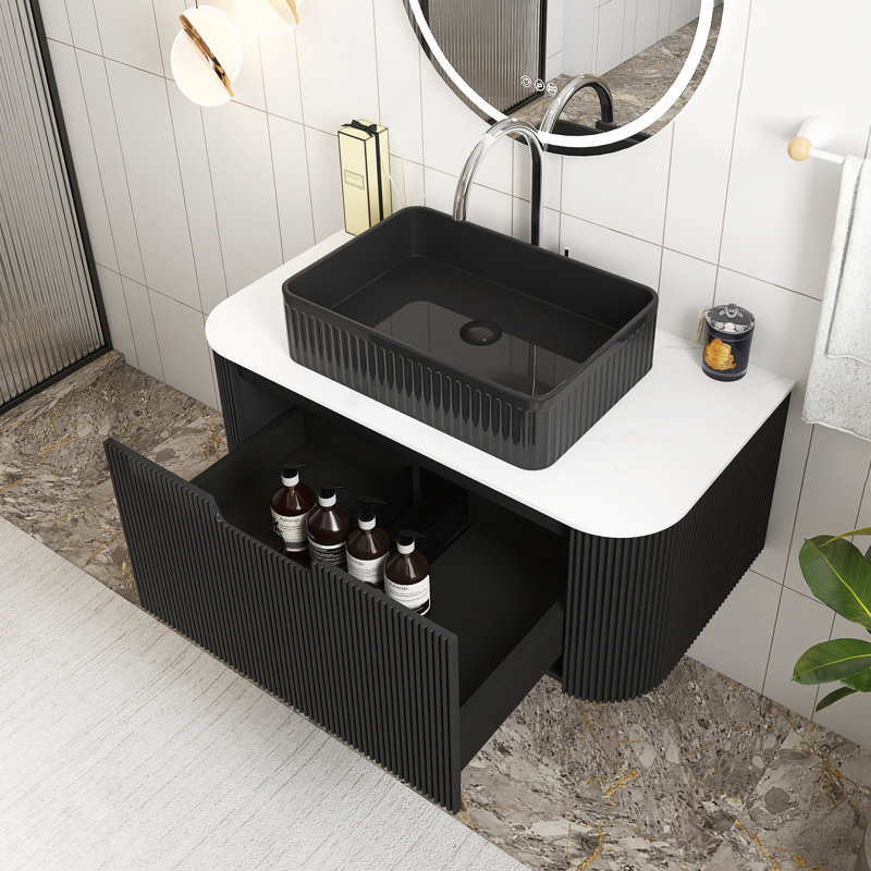 Meuble-lavabo mural rectangulaire en céramique blanche, Noir, 36"