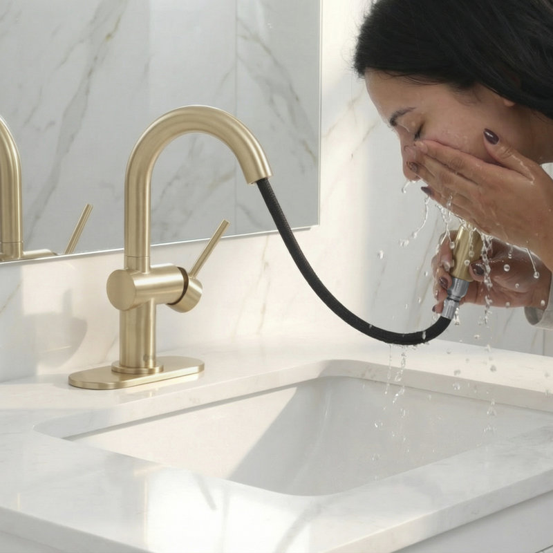 Single Handle Pull-Down Bathroom Faucet with Dual-Function Sprayer, Brushed Gold, Single Hole Vanity Sink Faucet