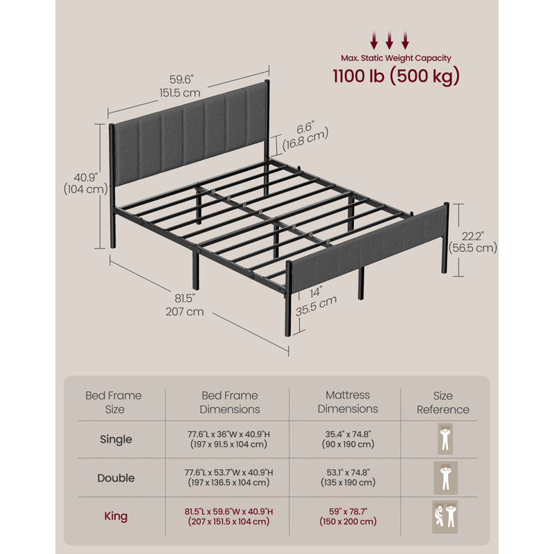 King Metal Bed Frame with Upholstered Headboard