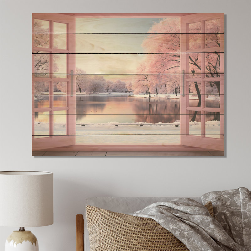 Pink Winter Window By The Lake - Winter Landscape On Wood Print, 30" H x 40" W x 0.78" D