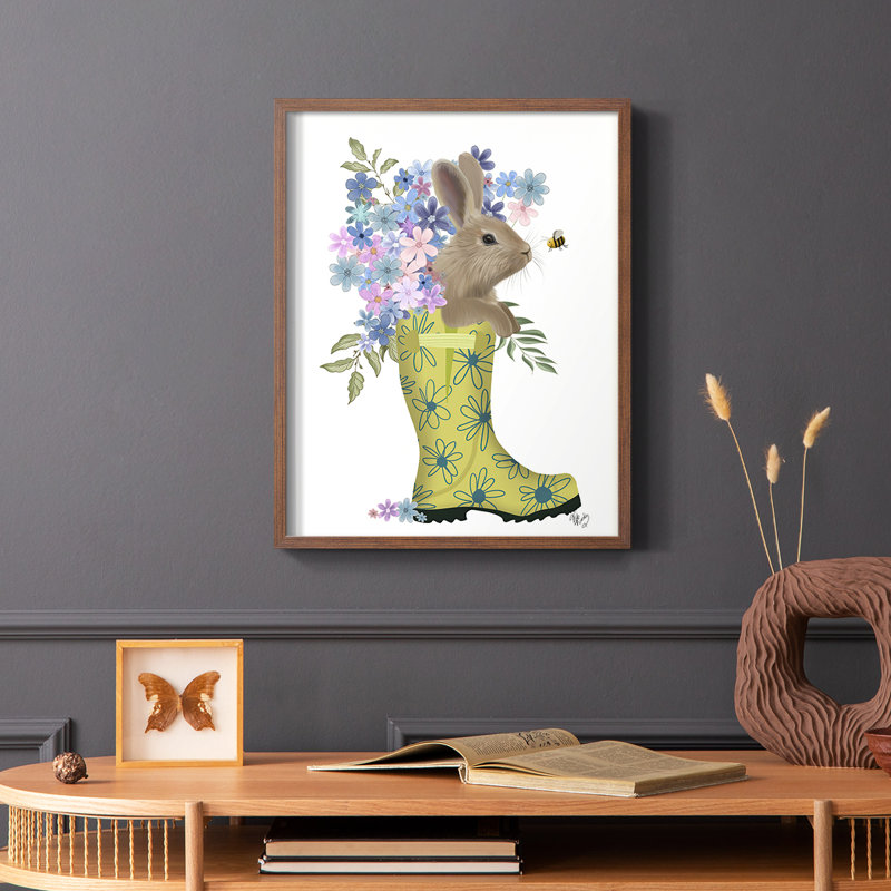 Welly Bunny And Bee Framed Print - Solid Wood, Brown, 10" H x 8" W