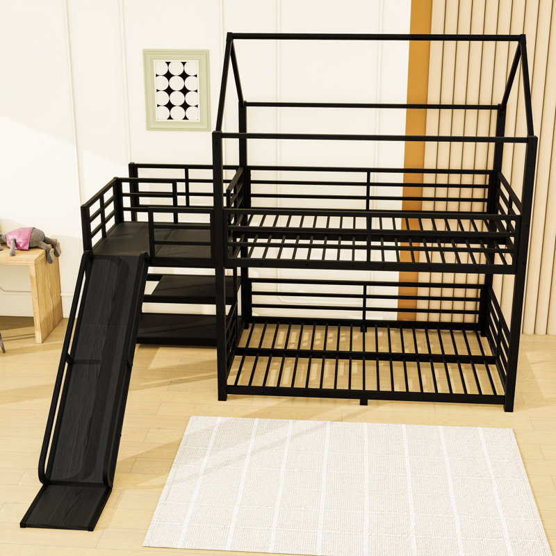 Metal Bunk Bed With House-Shaped, Slide And Guardrails, Full Over Full