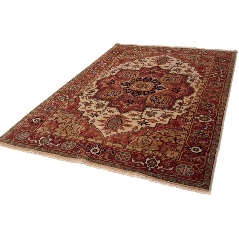 Tapis beige / rouge en laine / coton oriental fait à la main 6 pi x 8 pi 11 po