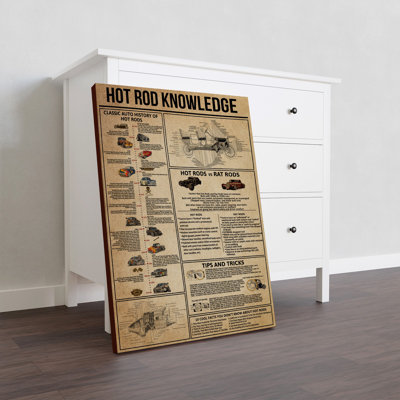 Hot Rod Knowledge Gallery Wrapped Canvas - Automobile Knowledge Illustration Home Decor, Black And Orange Home Decor