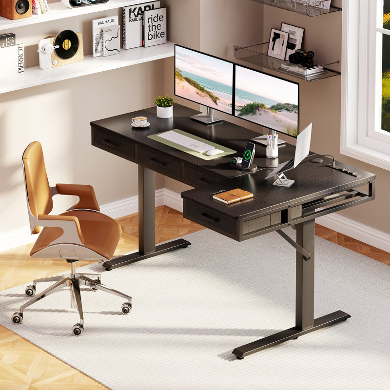 Electric Standing Desk With 4 Under-desk Drawers, Height-adjustable Desk With Built-in Power Outlets,standing Desk With Reversible Structure,home Office Desk With Hidden Desk-mounted Cable Management Tray