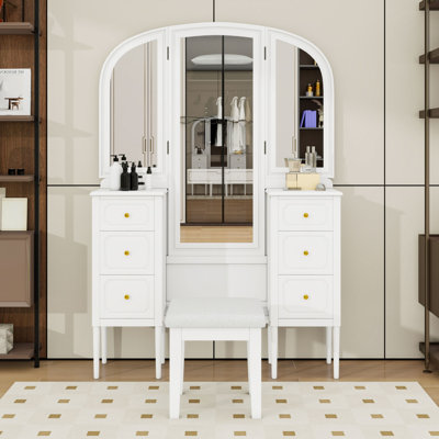 Bureau de maquillage avec miroir triple, 6 tiroirs de rangement et tabouret