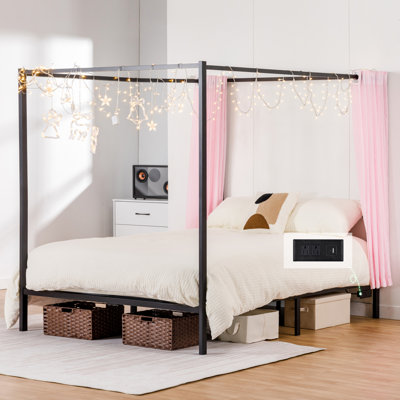 Canopy Bed Frame, Metal Bed Frame With Movable Charging Station, Four-Poster Canopy Bed With Built-In Headboard And Under Bed Storage Space, No Box Spring Needed, Easy Assembly, Black