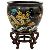 16" Dragons Fish Bowl with Stand in Black Lacquer