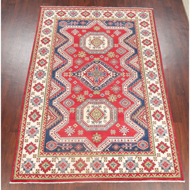 Tapis unique en laine noué à la main style Kazak rouge de 6 pi 8 po x 9 pi 10 po Geroskipou