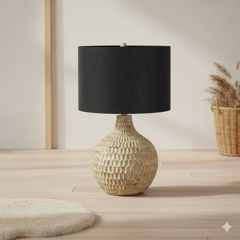 Lighting, H 25 po, lampe de table, abat-jour noir, résine brune, contemporain