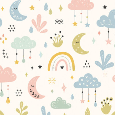 Papier peint adhésif sans raccord, motif étoiles, lune, nuages ​​et arc-en-ciel, idéal pour les enfants. Décoration murale amovible et autocollante pour chambre, cuisine et placards (45 cm x 300 cm).