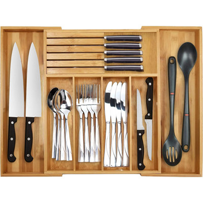 Bamboo Cutlery Drawer Organiser Extendable Flatware Caddy
