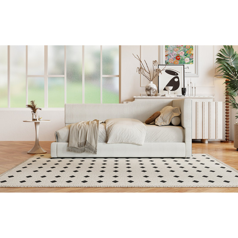 Lit de jour beige simple en forme de L avec velours côtelé - Dure pendant des années en velours côtelé doux, avec beaucoup d'espace pour s'asseoir