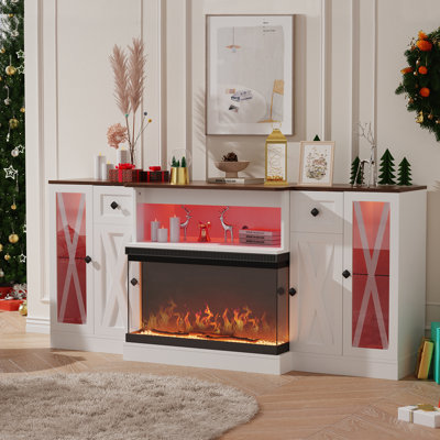 70" Farmhouse Tv Stand With 30" 3-sided Electric Fireplace, Led Lighting & Glass Door Storage by Ophelia & Co.