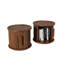 Ensemble de tables basses rondes 2 pièces, tables d'appoint gigognes modernes avec rangement à porte coulissante, table de bout et table de chevet pour canapé au fini noyer, avec tabouret décoratif à colonne romaine cannelée-131987267