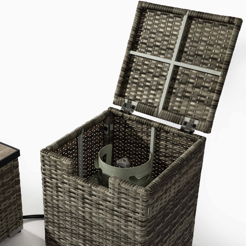 Rattan Fire Pit Table With Tank Holder And Ceramic Tile Tabletop, Beige