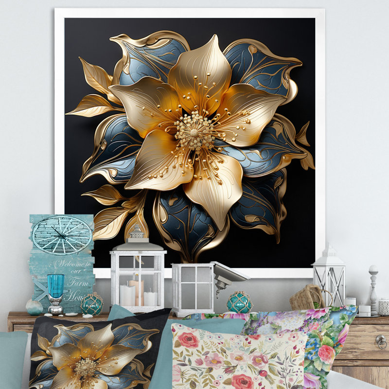 Fleur de lis doré sur fond noir, H 30 po x l 30 po, Cadre photo argenté