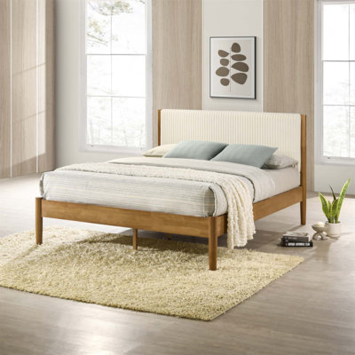 Lit plateforme Vichy en hévéa en noyer clair avec tête de lit en velours côtelé beige, grand lit, aucun sommier requis
