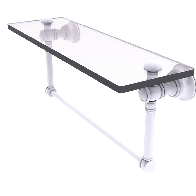 Freyja Glass Accent Shelf with Towel Bar, Matte White, 5.54" H x 16" W x 7" D