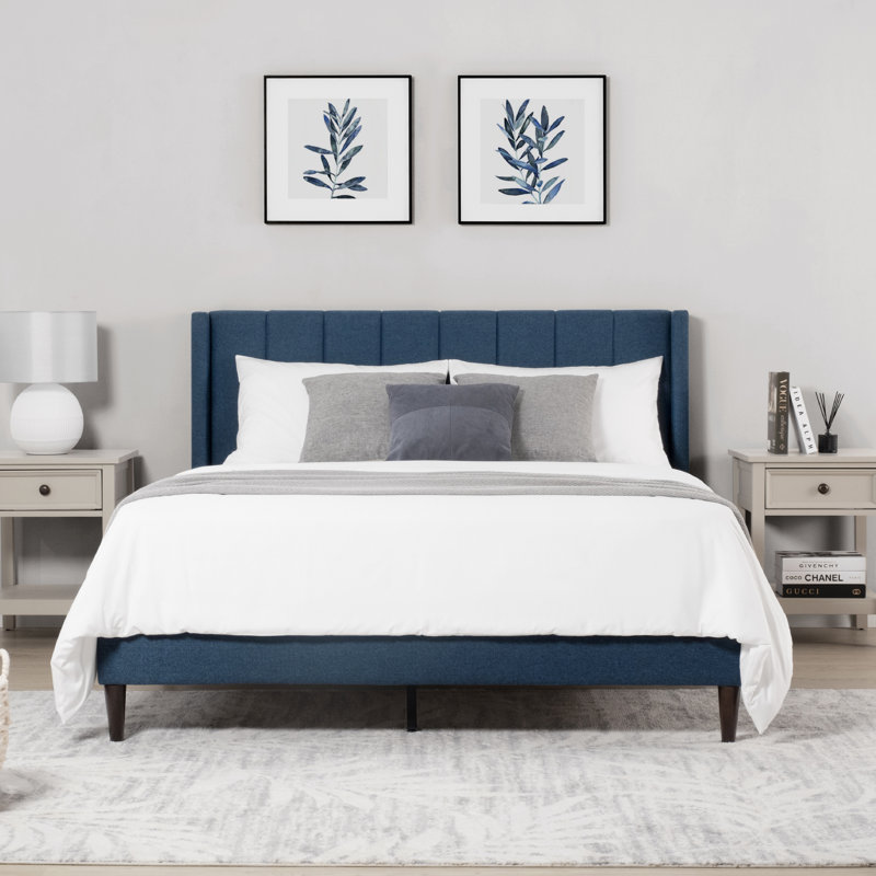 Modern Wingback Bed with Vertical Channel Tufting, Soft Corduroy Upholstery, Solid Wood Platform Frame, Queen, Blue
